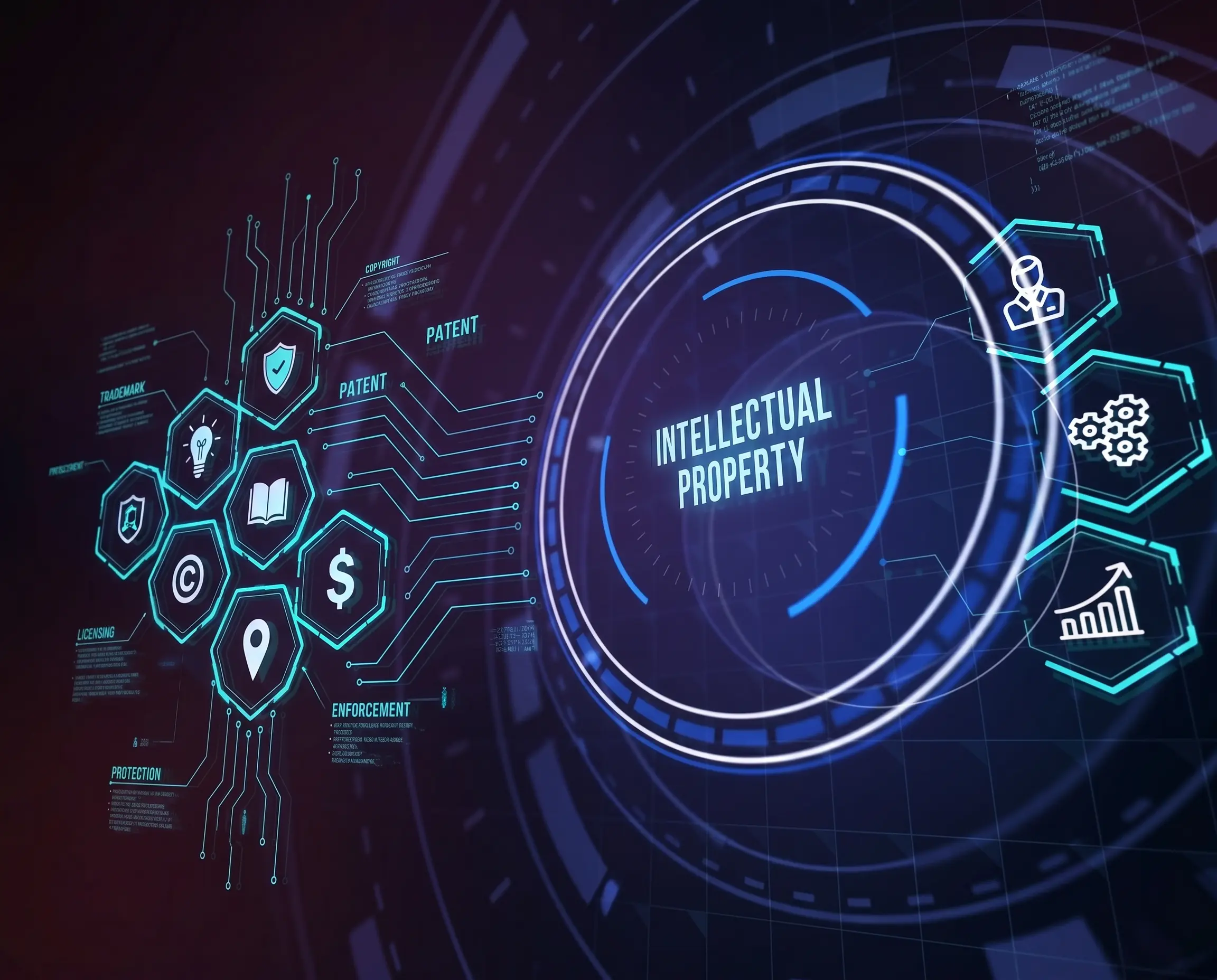 A futuristic, high-tech digital interface featuring a central glowing blue circle with the text "INTELLECTUAL PROPERTY." To the right, three glowing hexagonal icons display a person in a suit, interlocking gears, and an upward-trending bar graph. The background is a dark, abstract blend of purple and blue geometric digital elements.